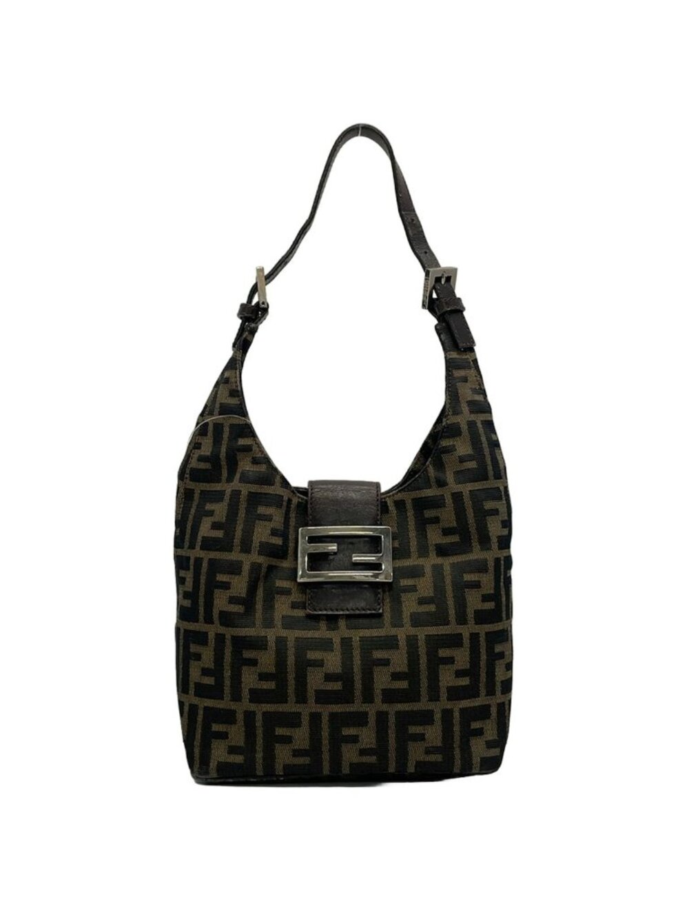 Fendi Shoulder Bag Zucca Pattern Beige Black Dark Brown Leather